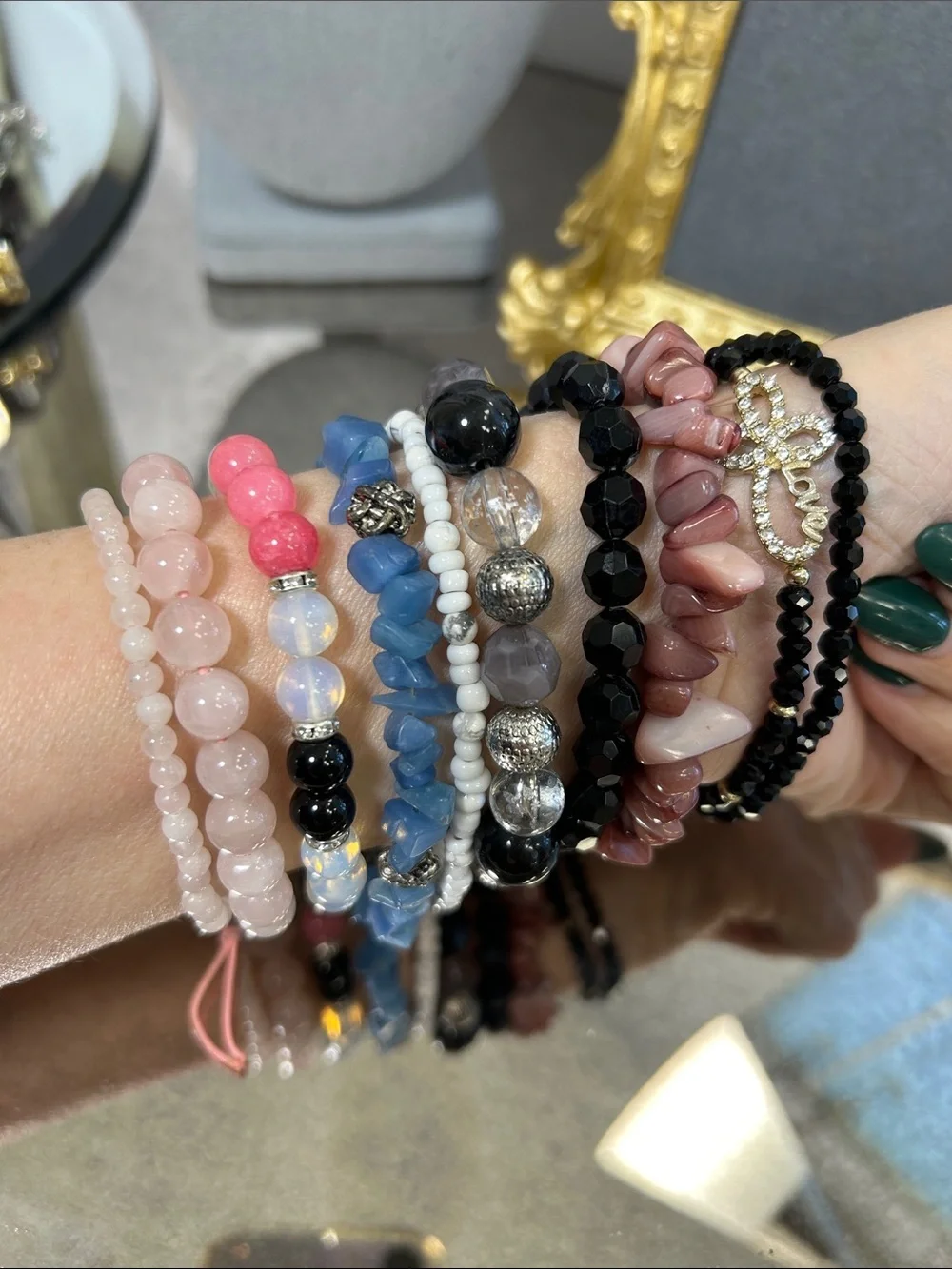 Bundle of Stackable Pink, Black & Blue Beaded Bracelet Set - Women Jewelry